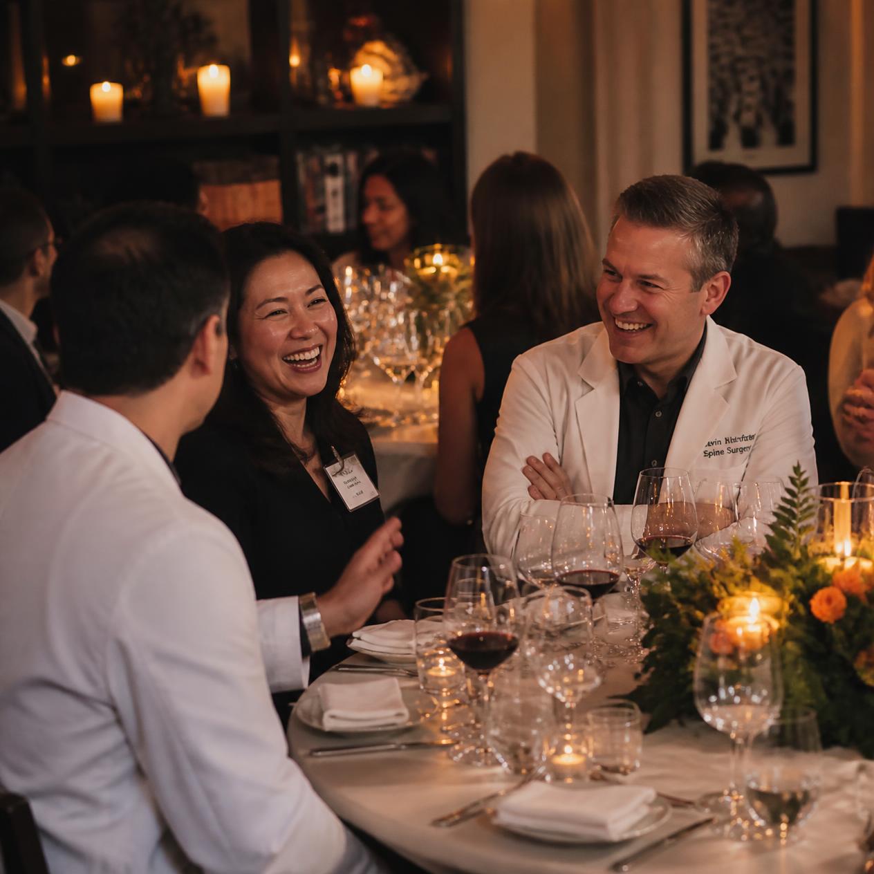 Physicians talking and laughing over a candlelit welcome dinner.