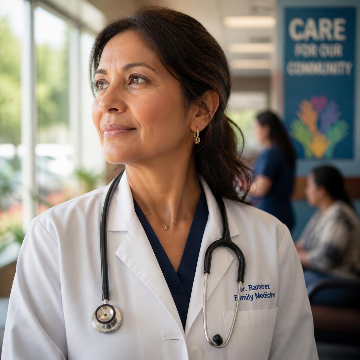 A family-medicine physician in a community clinic, with colleagues and patients in the background.